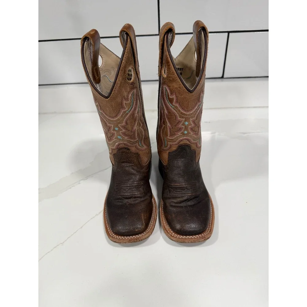Old West Kids Brown Leather Square Toe Western Cowboy Boots BSC1819 Size 10.5 D